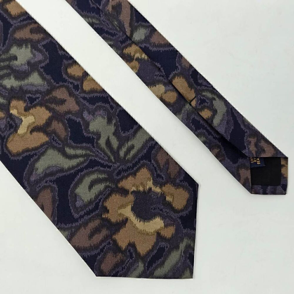 MULBERRY THAI HAND SEWN SILK TIE PURPLE GREEN TAN FLORAL ABSTRACT 3.75" X 57"